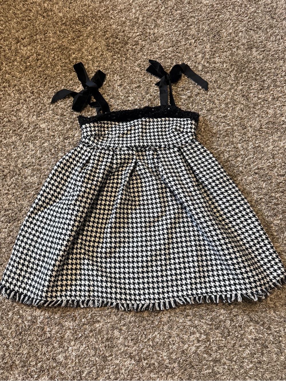 Girls Black & White Houndstooth Tie-Shoulder Dress